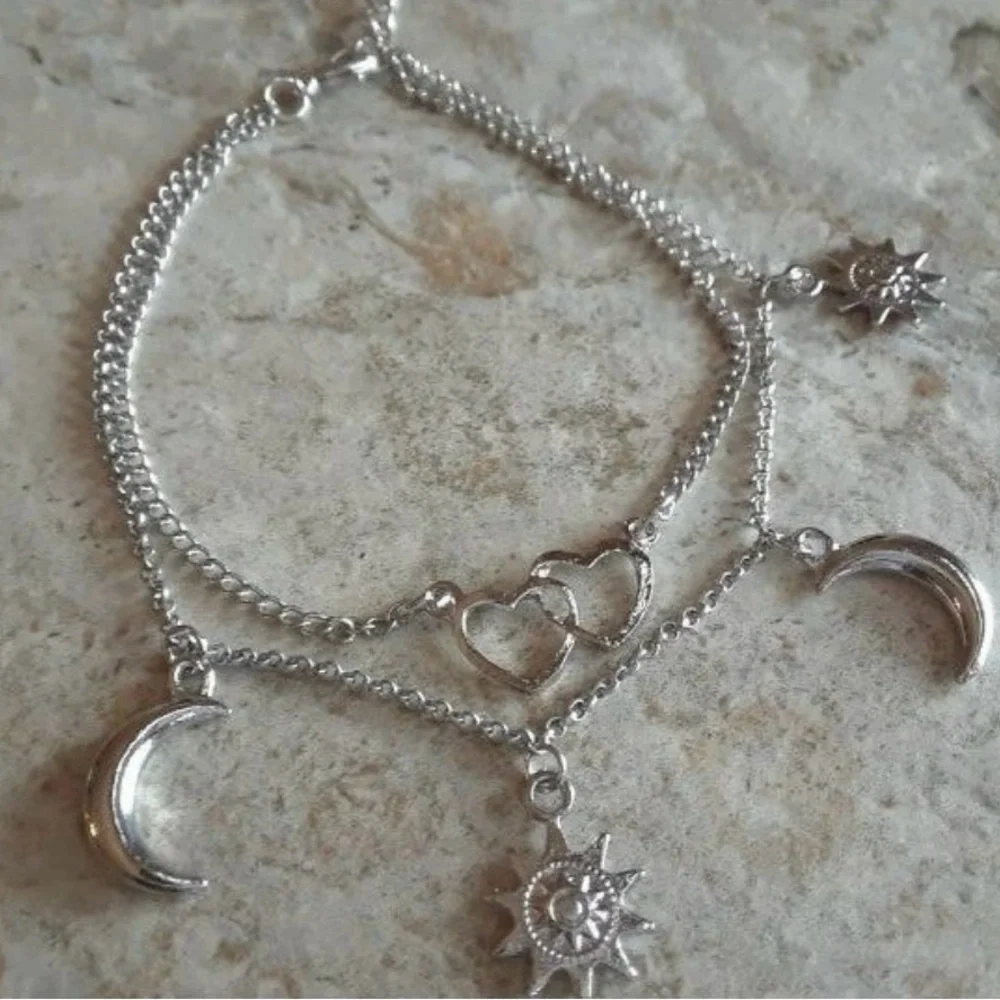 NEW Layered Silver Heart Moon Sun Star Anklet Set